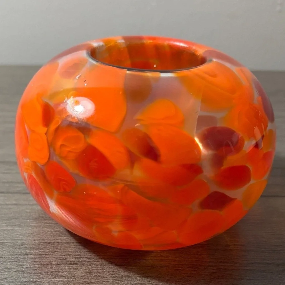 Vintage MCM Orange Swirl Handblown‎ Glass Votive Candle Holder